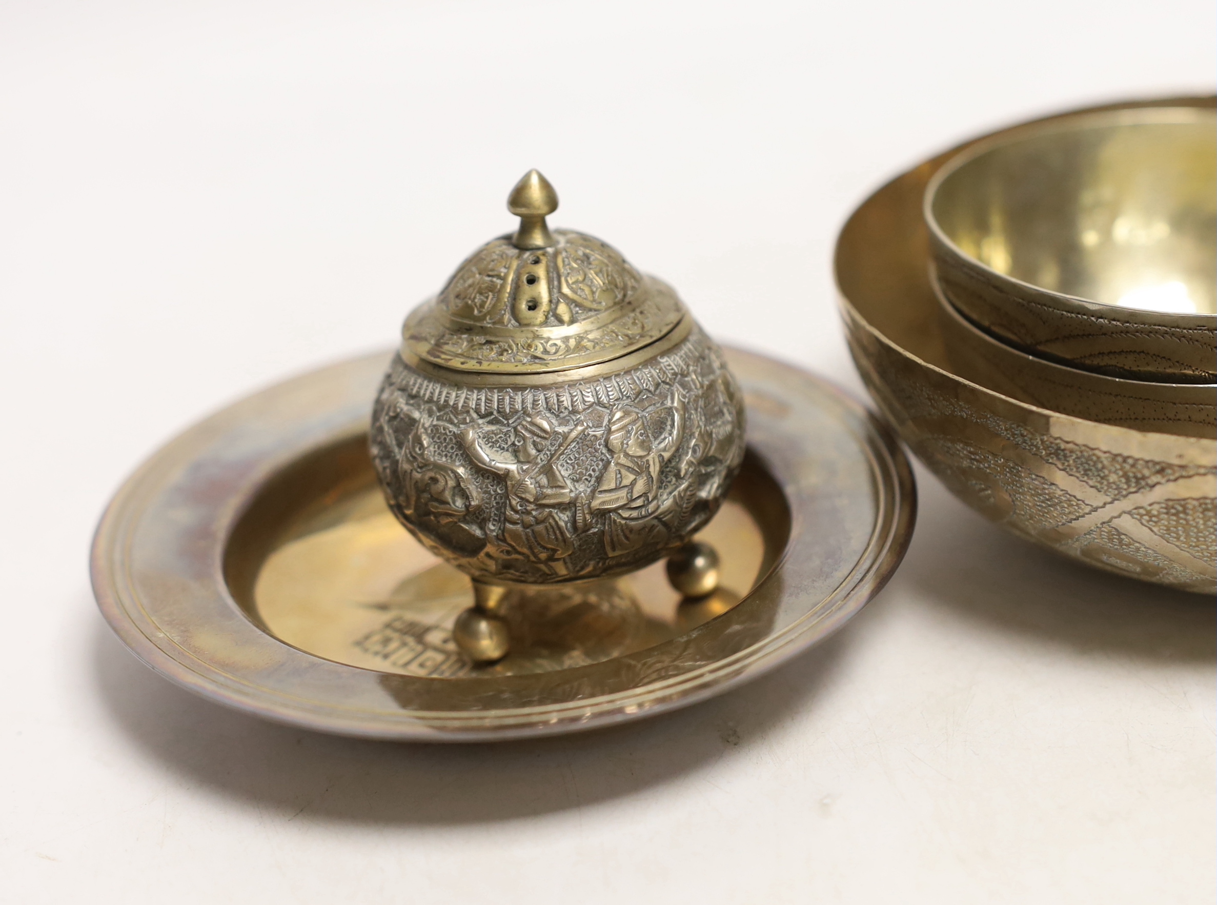 A boxed modern silver dish, three continental bowls and two Persian small boxes and covers.